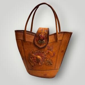 Vintage 1970s Hand Tooled Leather Bags Hummingbird Flower 3D Colored Wood Grain